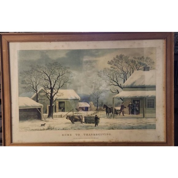 Currier & Ives "Home To Thanksgiving" Lithograph 1867 G.H.Durrie - Picture 1 of 11